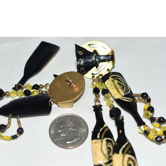 Putting On The Ritz Vintage Champagne Bottles/Glasses 4.5" Post Diva Earrings - Picture 3 of 4